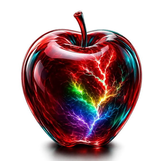 The Ringo glass apple — crimson, with rainbow lightning inside
