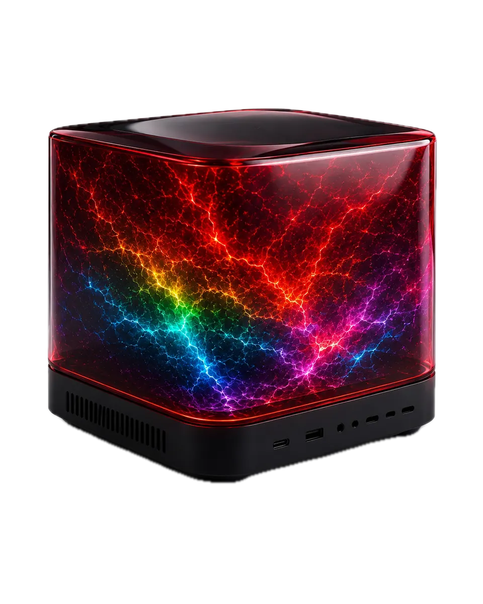 Ringo One — glass cube desktop, rainbow lightning inside, studio light