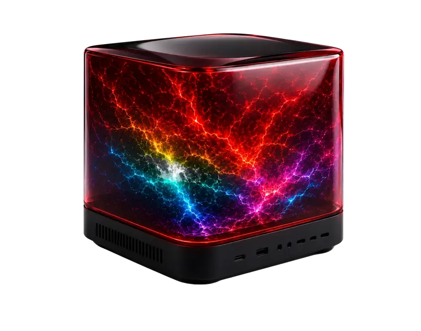 Ringo One — crimson glass desktop with rainbow lightning inside