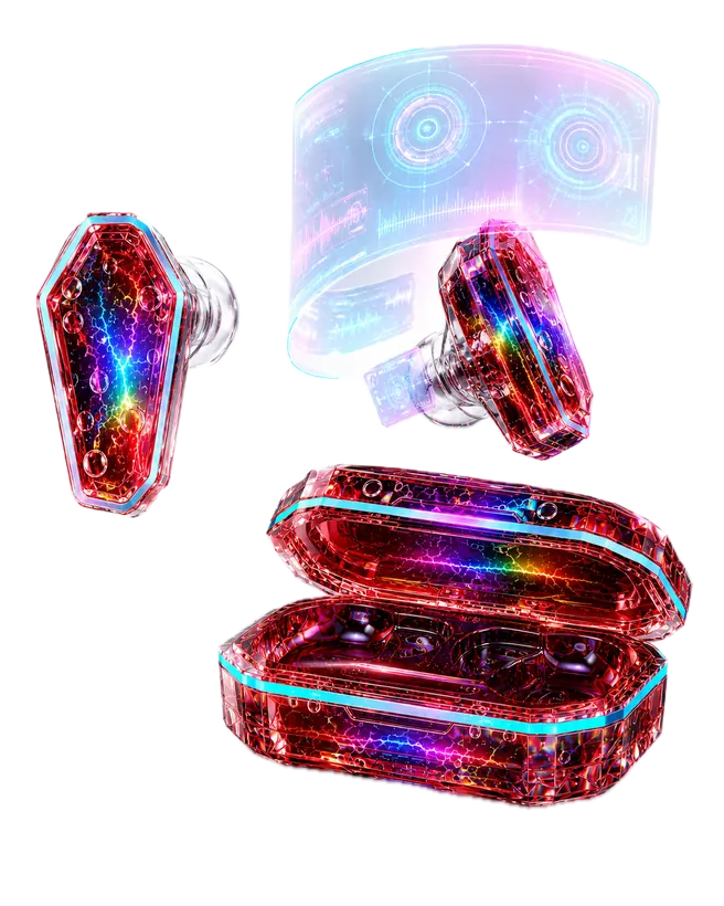 Ringo V bud and case, holographic panel unfolding