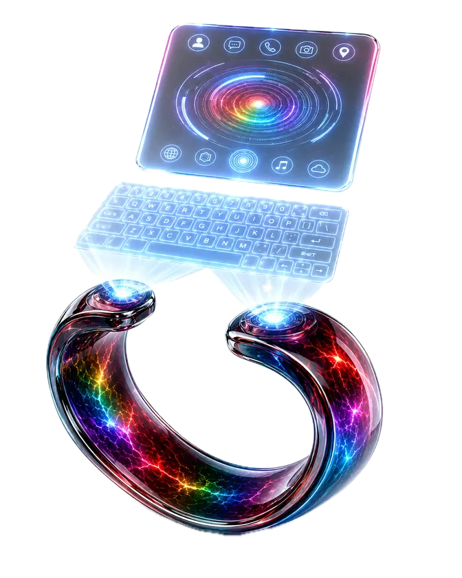 Ringo Band projecting screen and keyboard together — laptop mode